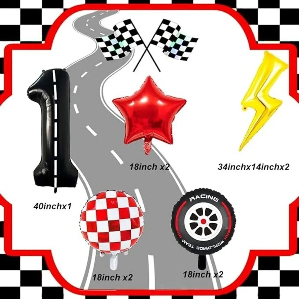 Race Car Racing Party Balloons Decorations #1 Foil Lightning Checkered Stars BIG